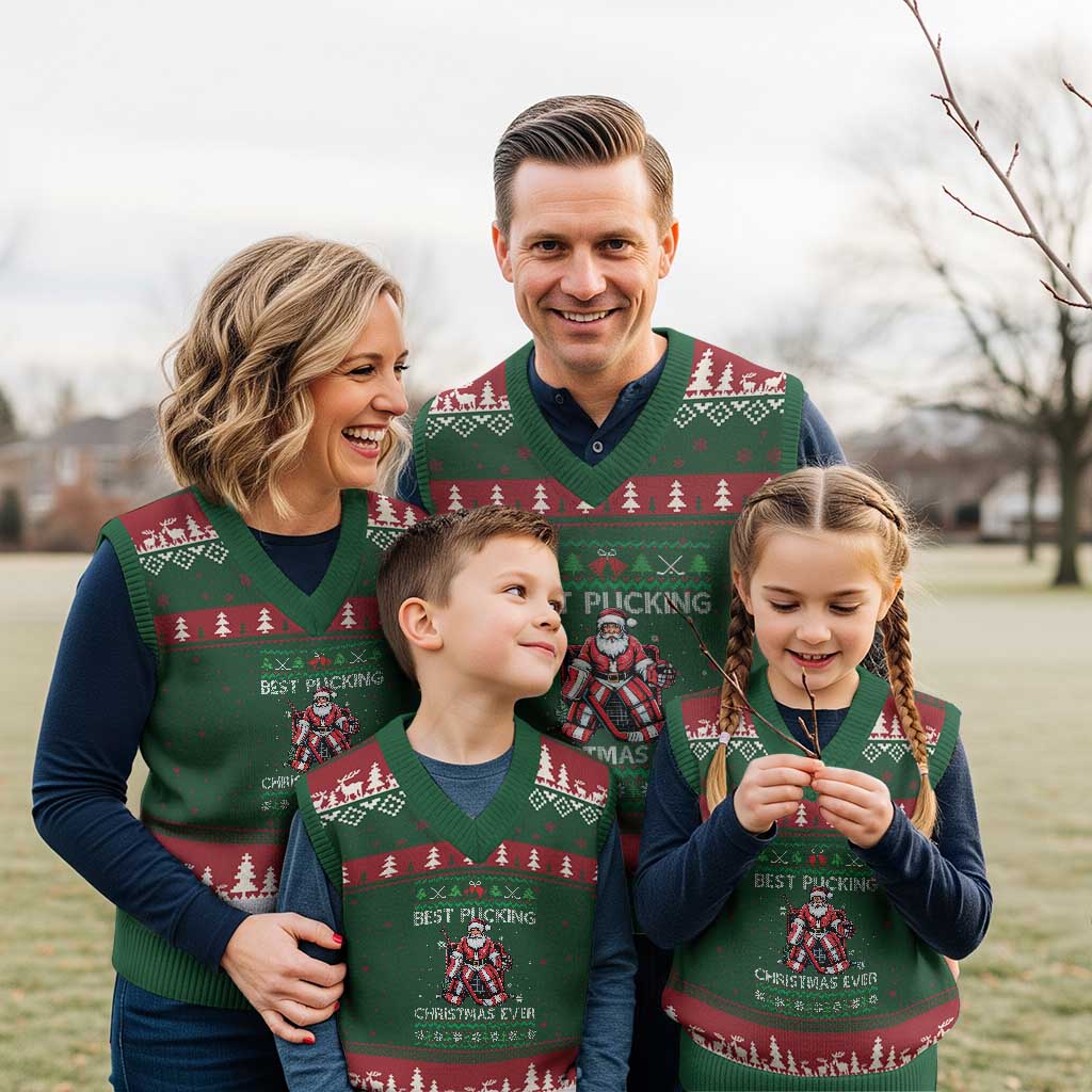 Best Pucking Xmas Ever V-Neck Knit Sweater Vest Santa Hockey Goalie Ugly Sweater Gift TS12 Red Green Print Your Wear