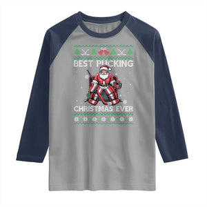 Best Pucking Christmas Ever Raglan Shirt Santa Hockey Goalie Ugly Sweater Gift TS12 Sport Gray Navy Print Your Wear