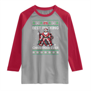 Best Pucking Christmas Ever Raglan Shirt Santa Hockey Goalie Ugly Sweater Gift TS12 Sport Gray Red Print Your Wear
