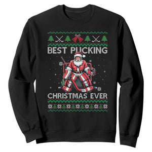 Best Pucking Christmas Ever Sweatshirt Santa Hockey Goalie Ugly Sweater Gift TS12 Black Print Your Wear