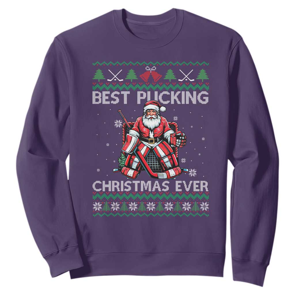 Best Pucking Christmas Ever Sweatshirt Santa Hockey Goalie Ugly Sweater Gift TS12 Purple Print Your Wear