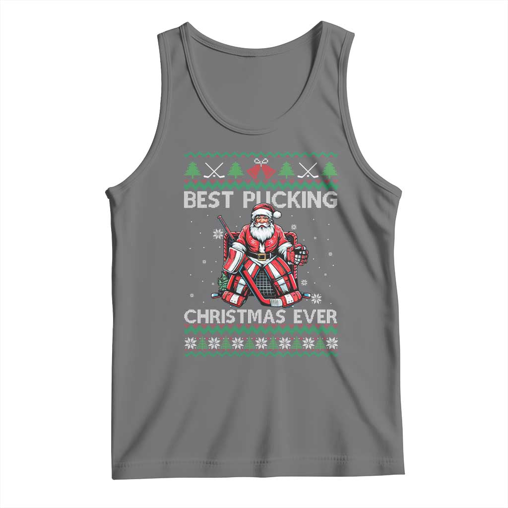 Best Pucking Christmas Ever Tank Top Santa Hockey Goalie Ugly Sweater Gift TS12 Black Heather Print Your Wear