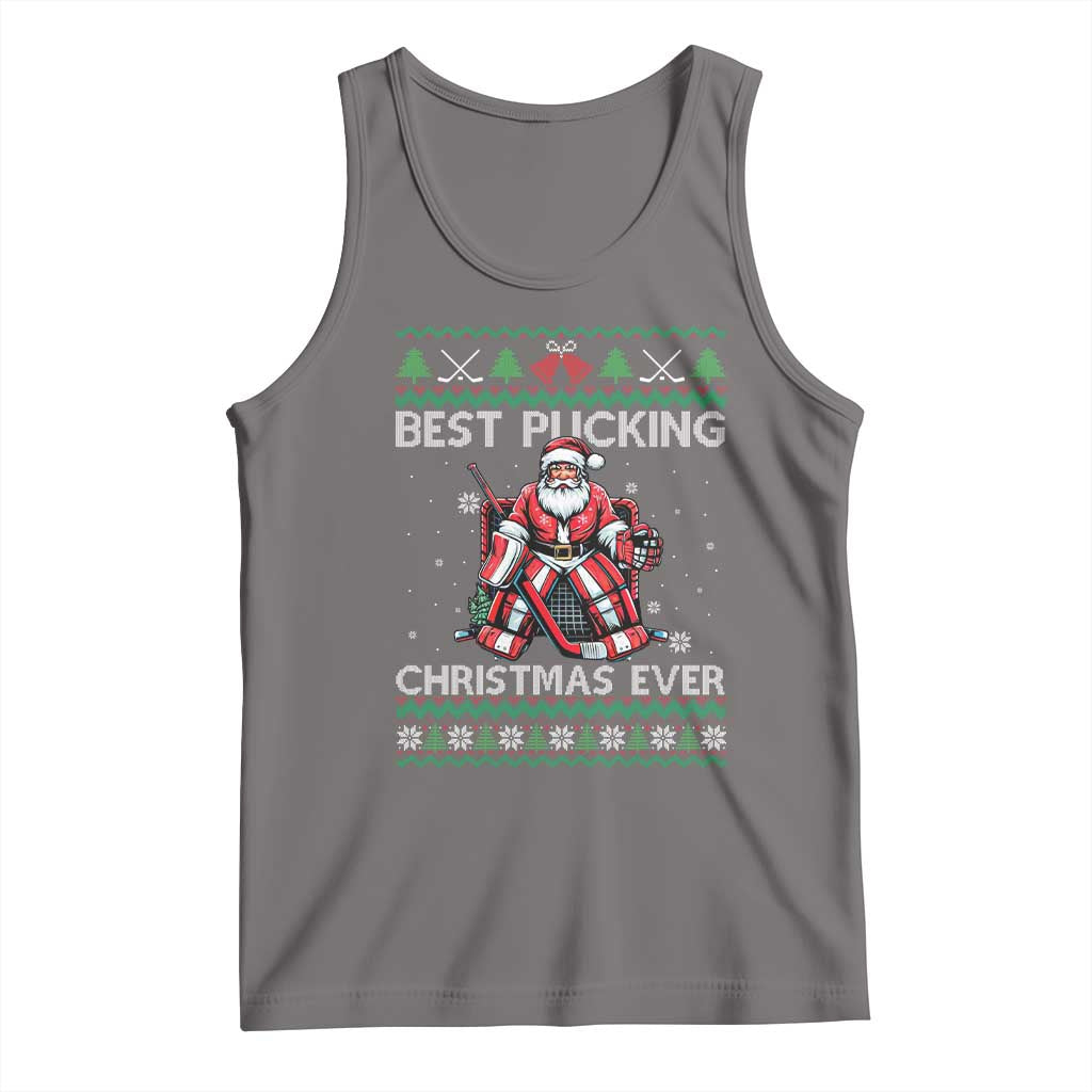 Best Pucking Christmas Ever Tank Top Santa Hockey Goalie Ugly Sweater Gift TS12 Deep Heather Print Your Wear