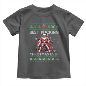 Best Pucking Christmas Ever Toddler T Shirt Santa Hockey Goalie Ugly Sweater Gift TS12 Dark Heather Print Your Wear