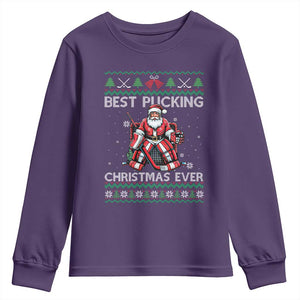 Best Pucking Christmas Ever Youth Sweatshirt Santa Hockey Goalie Ugly Sweater Gift TS12 Purple Print Your Wear