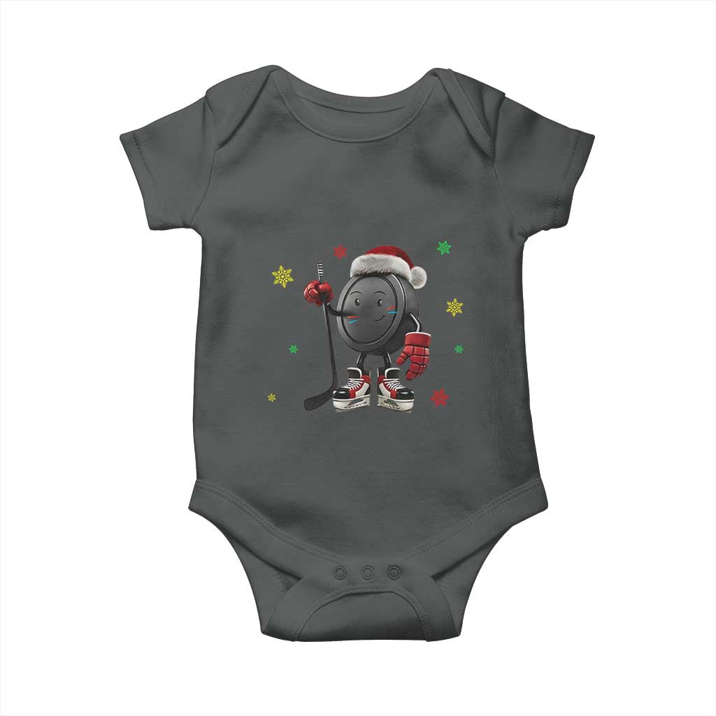 Funny Ice Hockey Holiday Gift Baby Onesie Cute Puck Wearing Santa Hat TS12 Dark Heather Print Your Wear