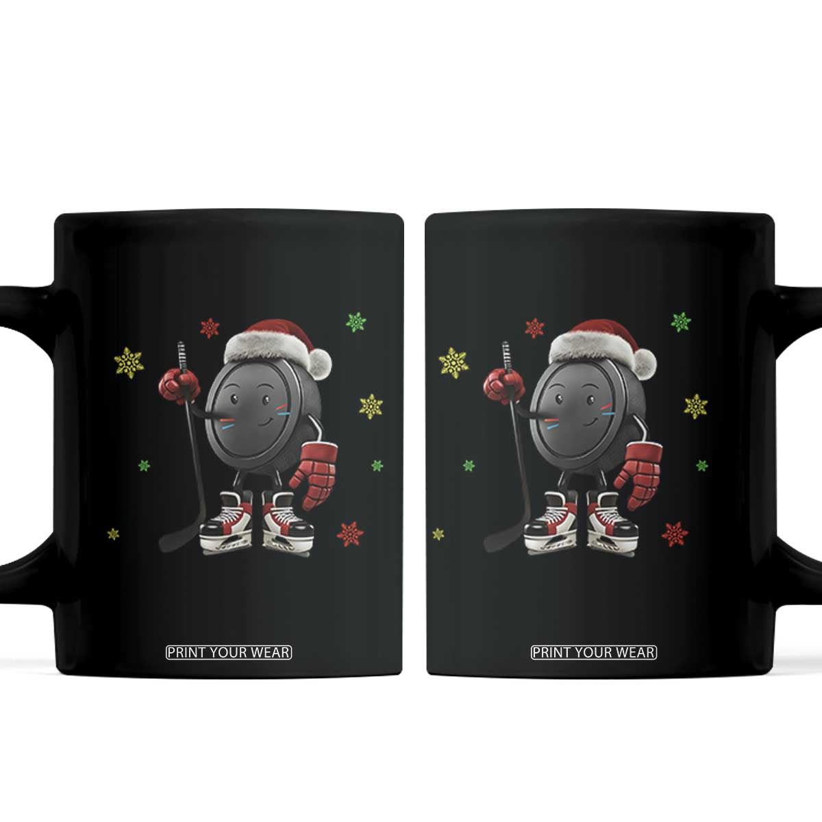 Funny Ice Hockey Holiday Gift Coffee Mug Cute Puck Wearing Santa Hat TS12 Black Print Your Wear