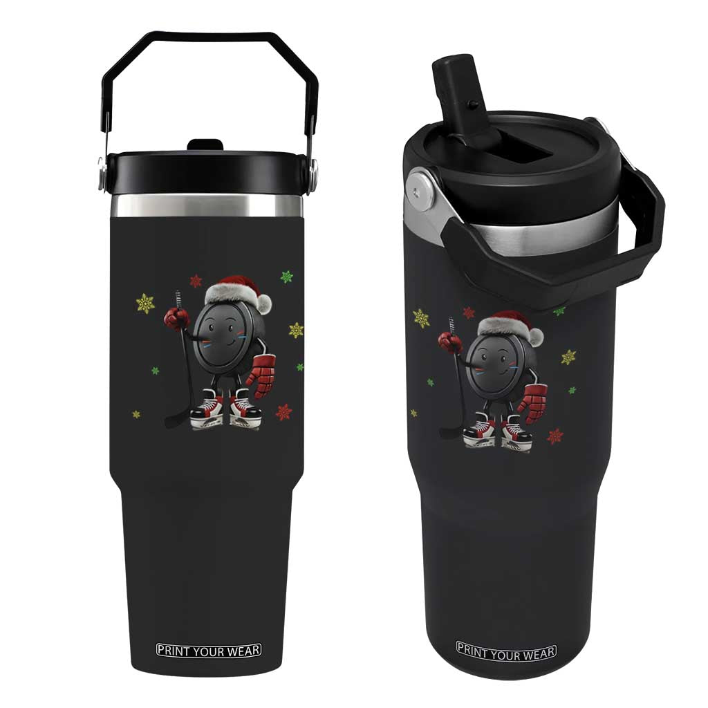 Funny Ice Hockey Holiday Gift Flip Straw Tumbler Cute Puck Wearing Santa Hat TS12 One Size: 30 oz Black Print Your Wear