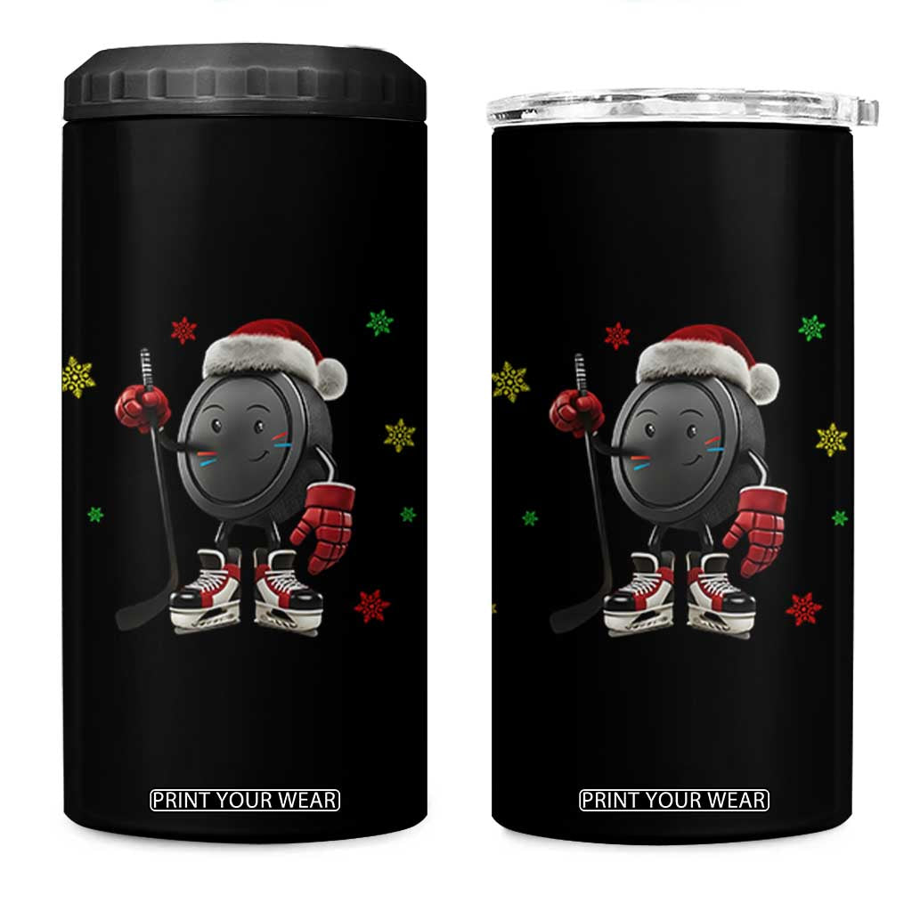 Funny Ice Hockey Holiday Gift 4 in 1 Can Cooler Tumbler Cute Puck Wearing Santa Hat TS12 One Size: 16 oz Black Print Your Wear