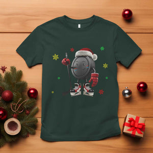 Funny Ice Hockey Holiday Gift T Shirt Cute Puck Wearing Santa Hat TS12 Dark Forest Green Print Your Wear