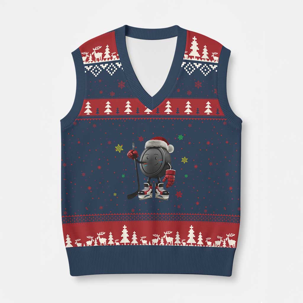 Funny Ice Hockey Holiday Gift V-Neck Knit Sweater Vest Cute Puck Wearing Santa Hat TS12 Navy Red Print Your Wear