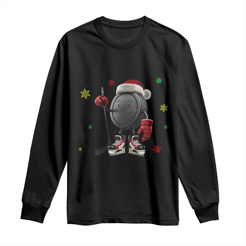 Funny Ice Hockey Holiday Gift Long Sleeve Shirt Cute Puck Wearing Santa Hat TS12 Black Print Your Wear