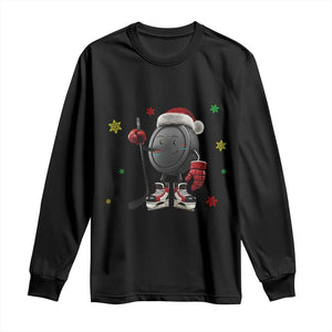 Funny Ice Hockey Holiday Gift Long Sleeve Shirt Cute Puck Wearing Santa Hat TS12 Black Print Your Wear
