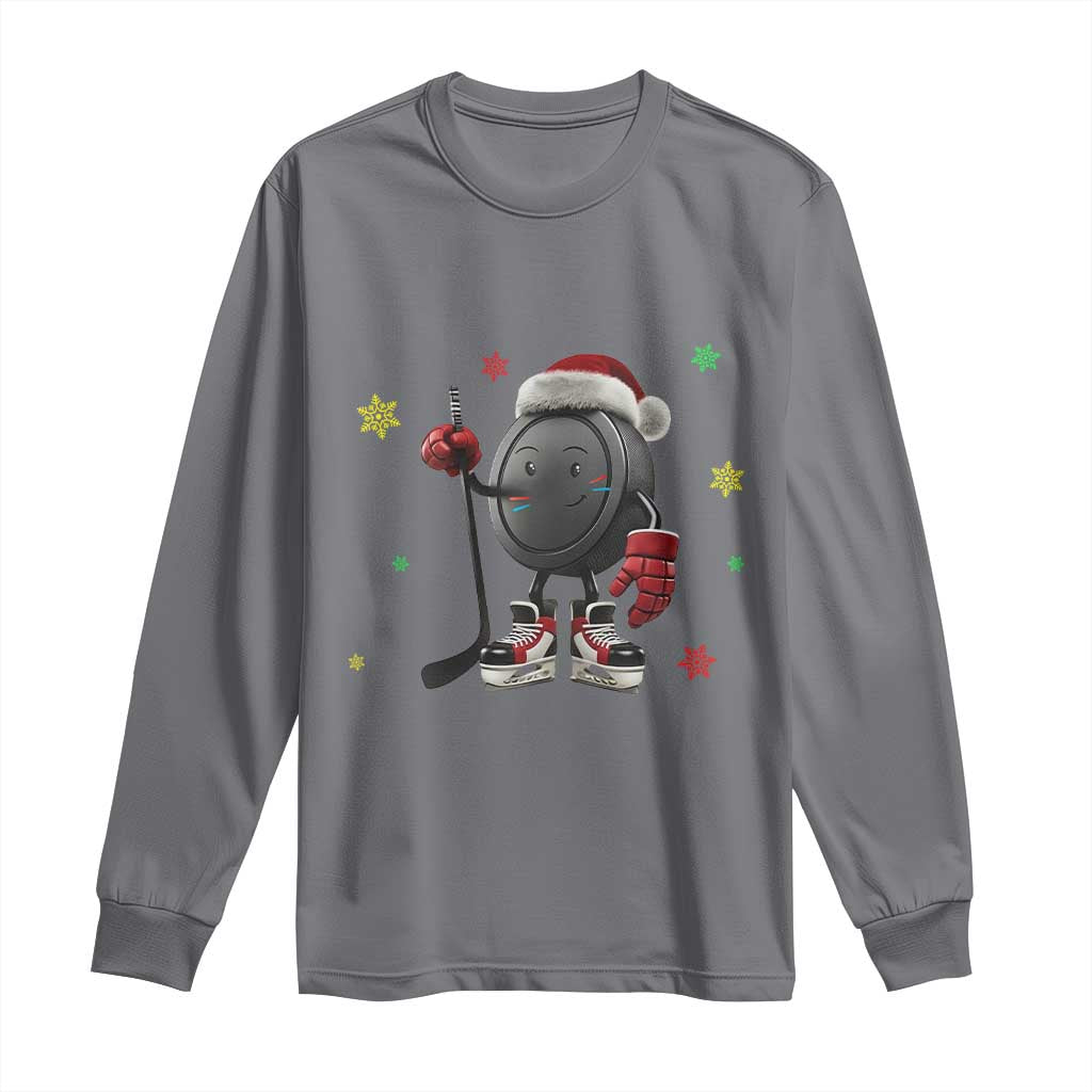 Funny Ice Hockey Holiday Gift Long Sleeve Shirt Cute Puck Wearing Santa Hat TS12 Charcoal Print Your Wear