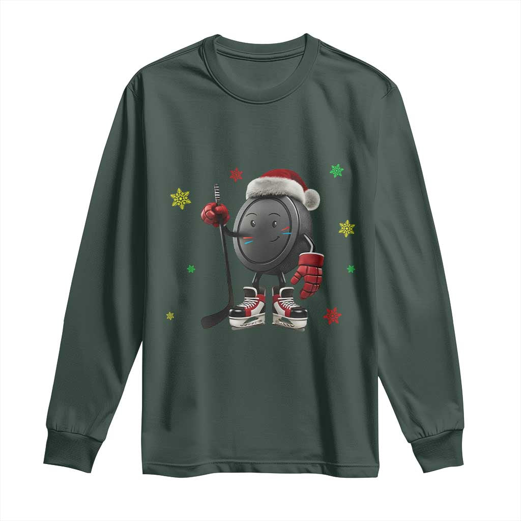 Funny Ice Hockey Holiday Gift Long Sleeve Shirt Cute Puck Wearing Santa Hat TS12 Dark Forest Green Print Your Wear