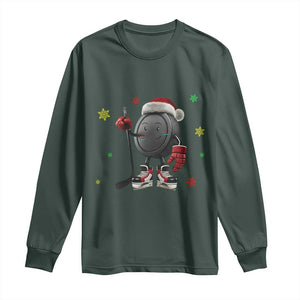 Funny Ice Hockey Holiday Gift Long Sleeve Shirt Cute Puck Wearing Santa Hat TS12 Dark Forest Green Print Your Wear