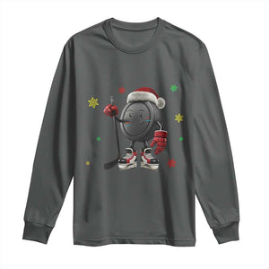 Funny Ice Hockey Holiday Gift Long Sleeve Shirt Cute Puck Wearing Santa Hat TS12 Dark Heather Print Your Wear