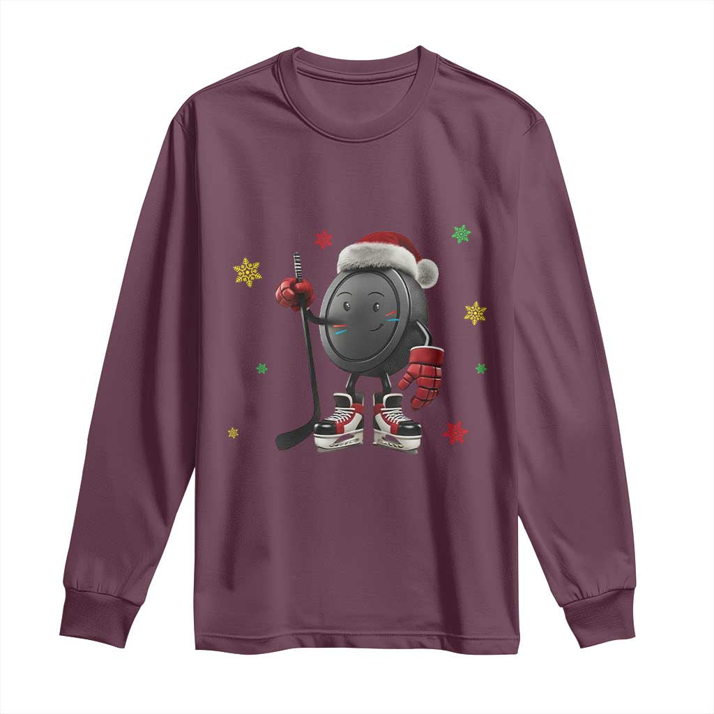 Funny Ice Hockey Holiday Gift Long Sleeve Shirt Cute Puck Wearing Santa Hat TS12 Maroon Print Your Wear