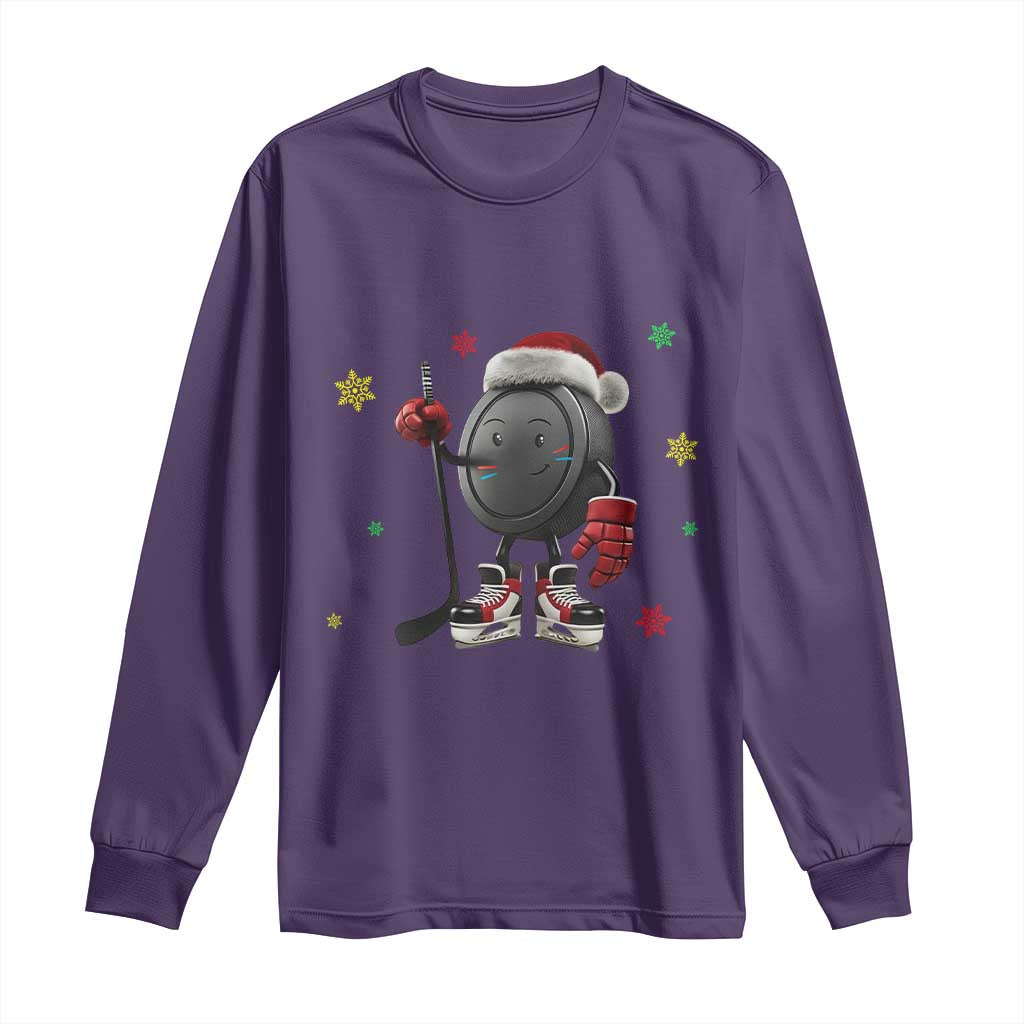 Funny Ice Hockey Holiday Gift Long Sleeve Shirt Cute Puck Wearing Santa Hat TS12 Purple Print Your Wear