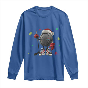 Funny Ice Hockey Holiday Gift Long Sleeve Shirt Cute Puck Wearing Santa Hat TS12 Royal Blue Print Your Wear