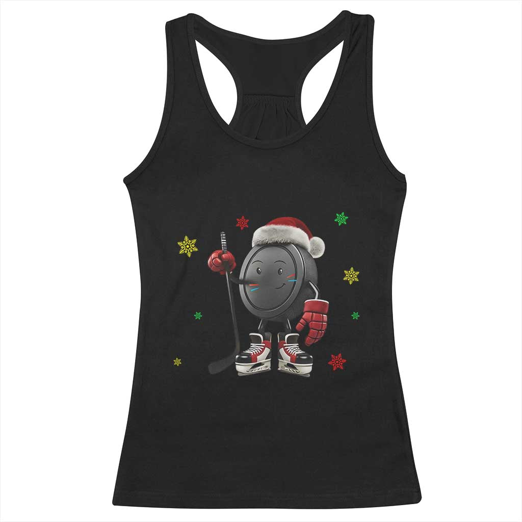 Funny Ice Hockey Holiday Gift Racerback Tank Top Cute Puck Wearing Santa Hat TS12 Black Print Your Wear