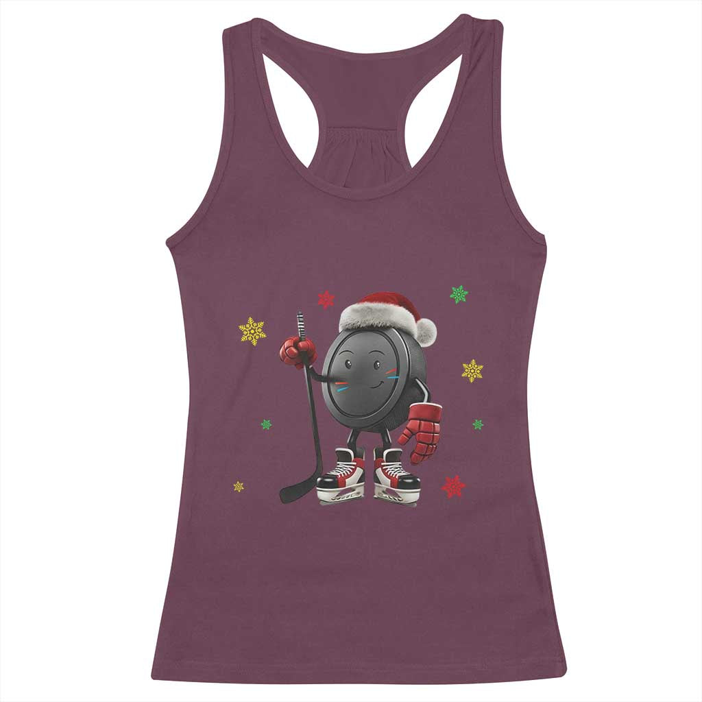 Funny Ice Hockey Holiday Gift Racerback Tank Top Cute Puck Wearing Santa Hat TS12 Maroon Print Your Wear