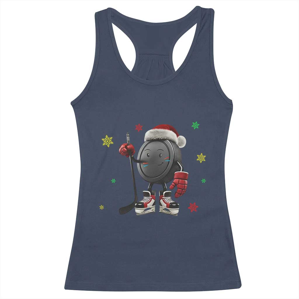 Funny Ice Hockey Holiday Gift Racerback Tank Top Cute Puck Wearing Santa Hat TS12 Navy Print Your Wear