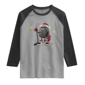 Funny Ice Hockey Holiday Gift Raglan Shirt Cute Puck Wearing Santa Hat TS12 Sport Gray Black Print Your Wear