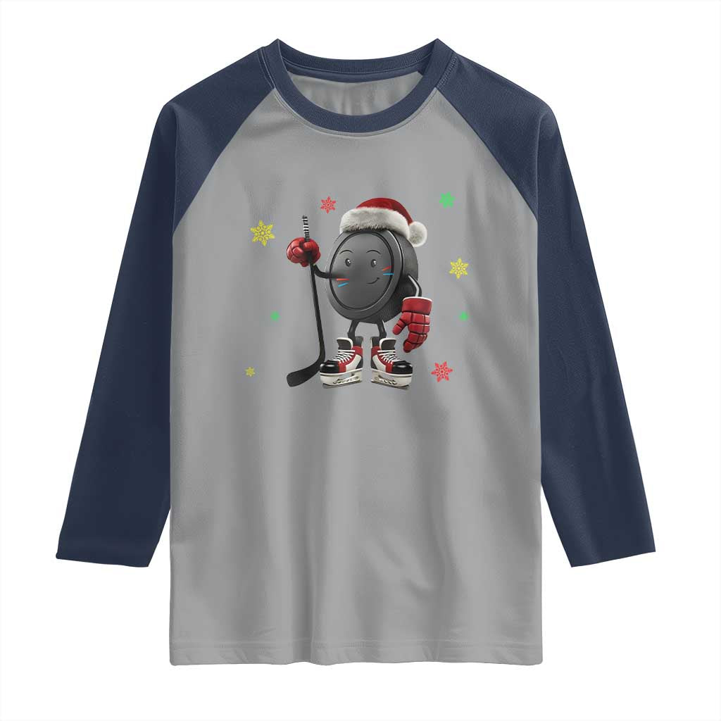 Funny Ice Hockey Holiday Gift Raglan Shirt Cute Puck Wearing Santa Hat TS12 Sport Gray Navy Print Your Wear