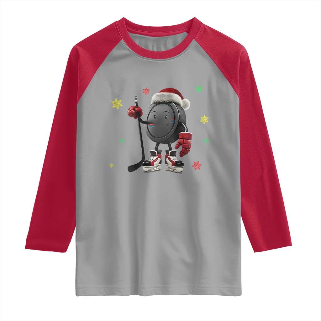 Funny Ice Hockey Holiday Gift Raglan Shirt Cute Puck Wearing Santa Hat TS12 Sport Gray Red Print Your Wear