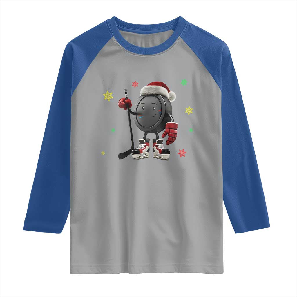 Funny Ice Hockey Holiday Gift Raglan Shirt Cute Puck Wearing Santa Hat TS12 Sport Gray Royal Print Your Wear