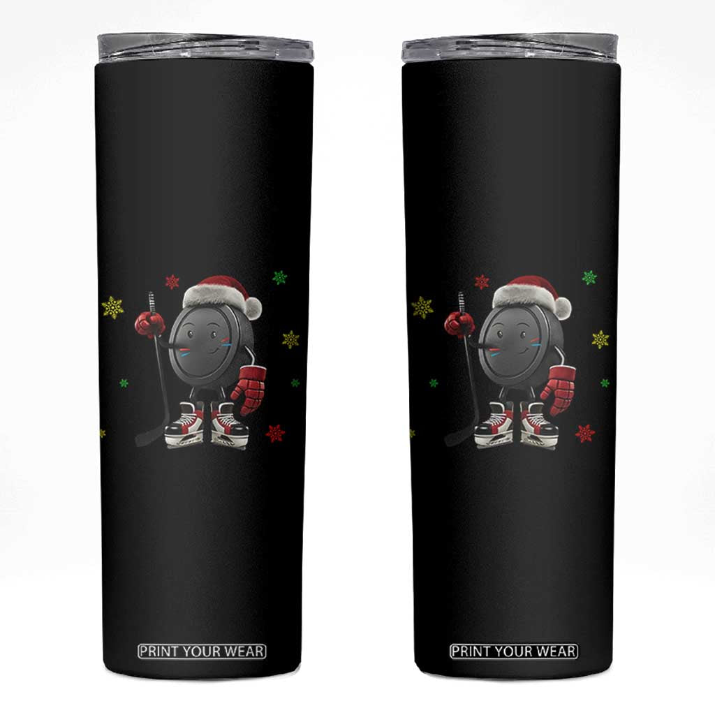 Funny Ice Hockey Holiday Gift Skinny Tumbler Cute Puck Wearing Santa Hat TS12 Black Print Your Wear