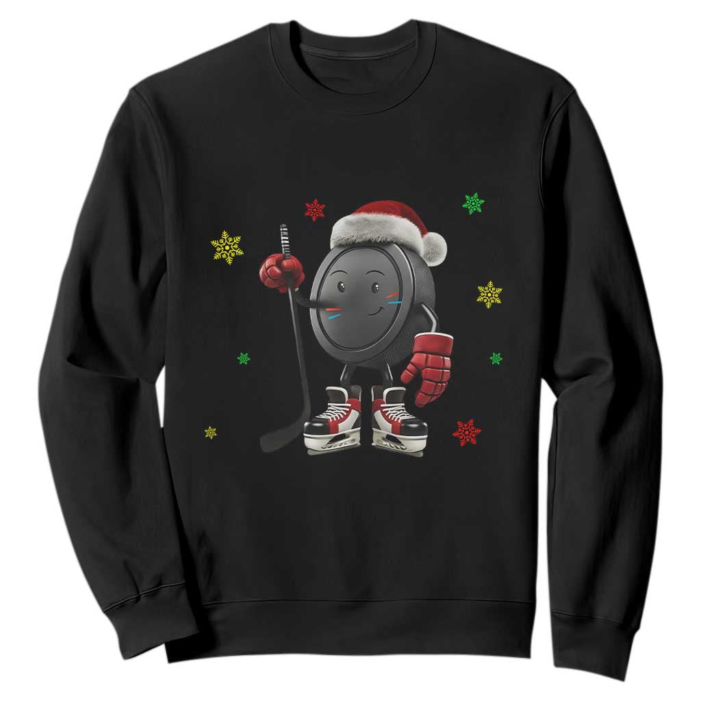 Funny Ice Hockey Holiday Gift Sweatshirt Cute Puck Wearing Santa Hat TS12 Black Print Your Wear