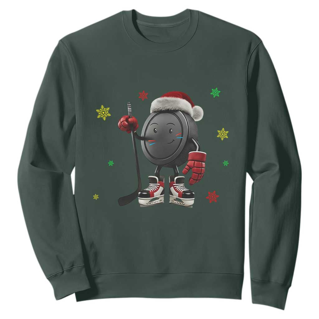 Funny Ice Hockey Holiday Gift Sweatshirt Cute Puck Wearing Santa Hat TS12 Dark Forest Green Print Your Wear