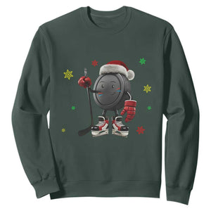 Funny Ice Hockey Holiday Gift Sweatshirt Cute Puck Wearing Santa Hat TS12 Dark Forest Green Print Your Wear