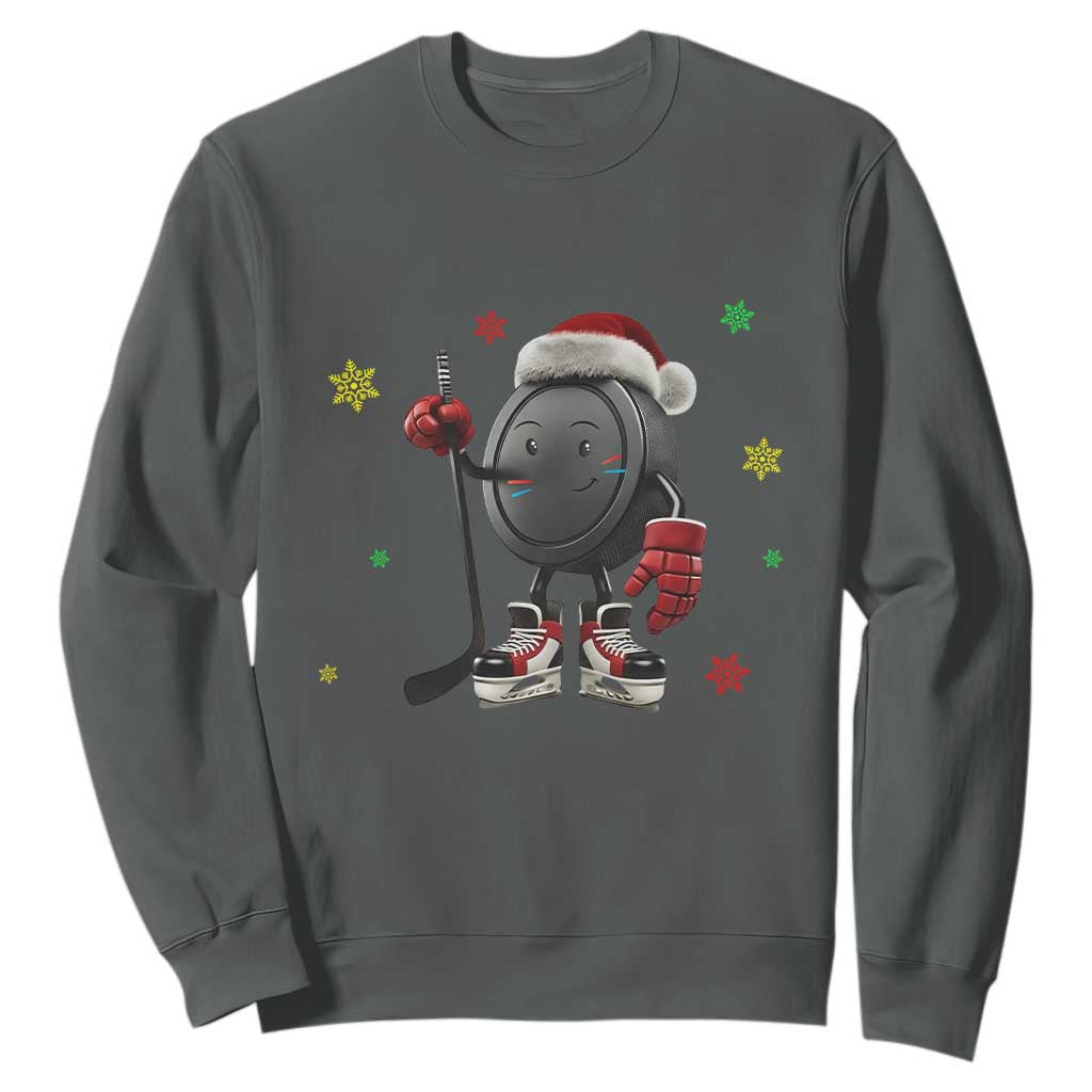 Funny Ice Hockey Holiday Gift Sweatshirt Cute Puck Wearing Santa Hat TS12 Dark Heather Print Your Wear
