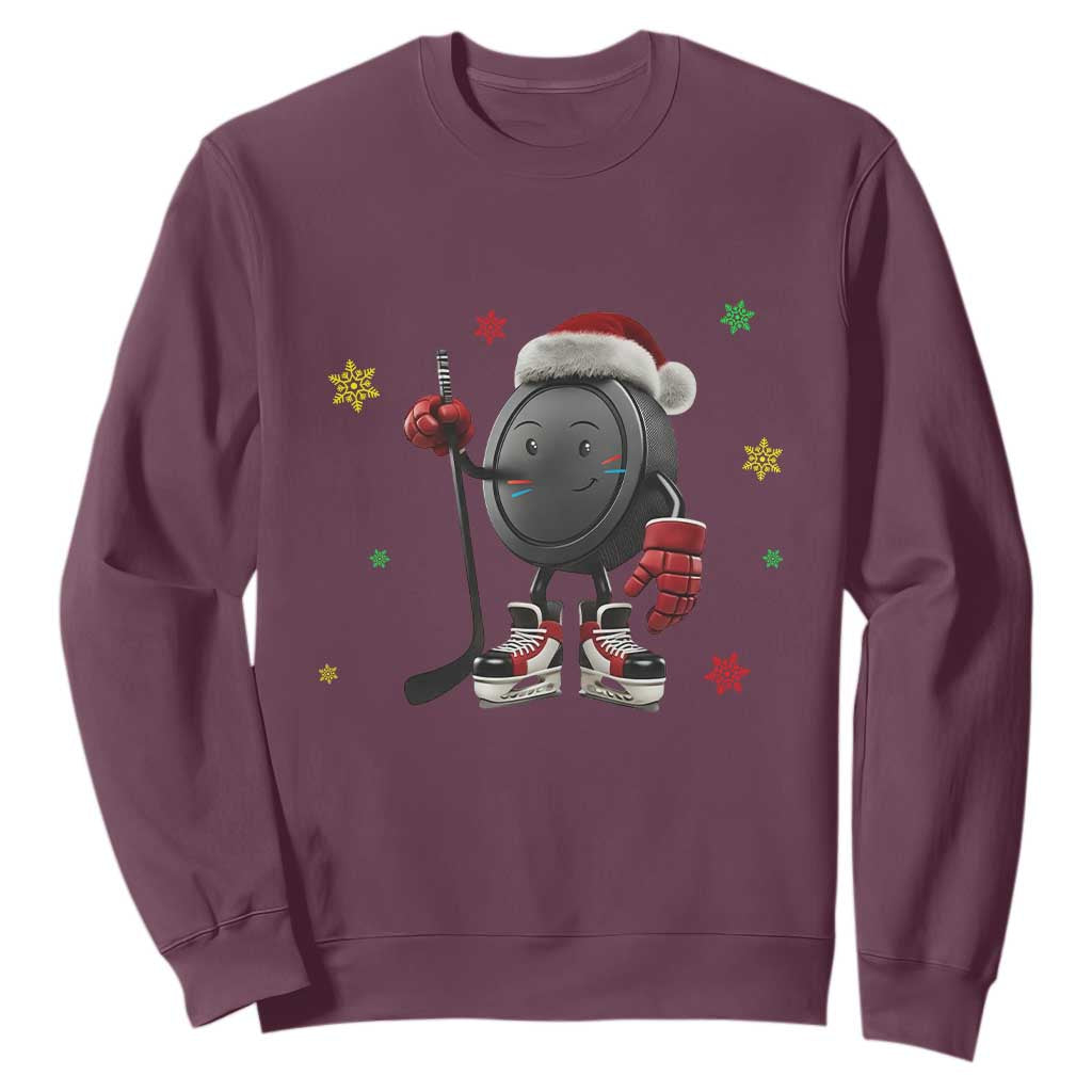 Funny Ice Hockey Holiday Gift Sweatshirt Cute Puck Wearing Santa Hat TS12 Maroon Print Your Wear