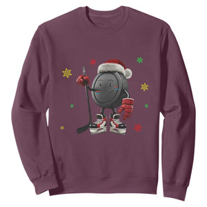 Funny Ice Hockey Holiday Gift Sweatshirt Cute Puck Wearing Santa Hat TS12 Maroon Print Your Wear