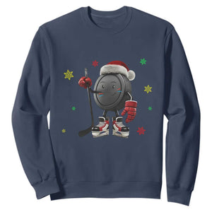 Funny Ice Hockey Holiday Gift Sweatshirt Cute Puck Wearing Santa Hat TS12 Navy Print Your Wear