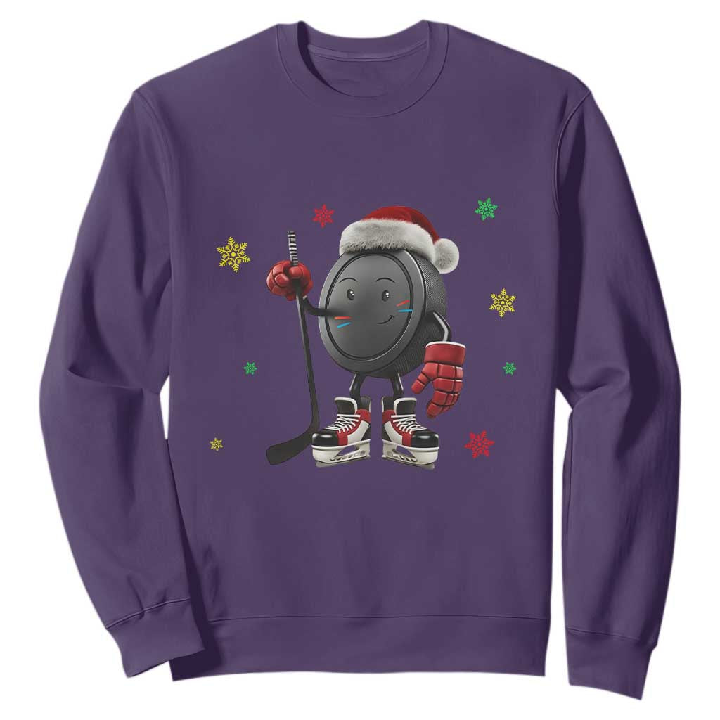 Funny Ice Hockey Holiday Gift Sweatshirt Cute Puck Wearing Santa Hat TS12 Purple Print Your Wear