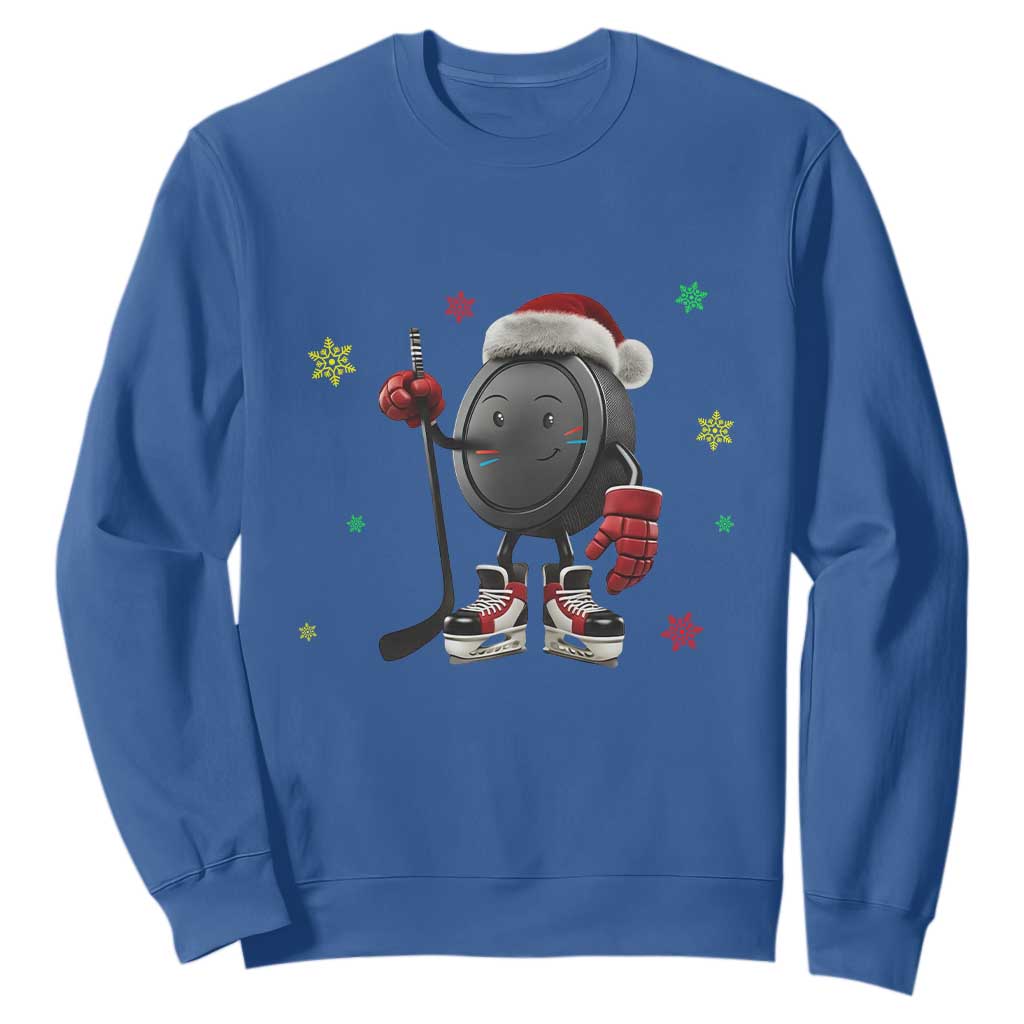 Funny Ice Hockey Holiday Gift Sweatshirt Cute Puck Wearing Santa Hat TS12 Royal Blue Print Your Wear
