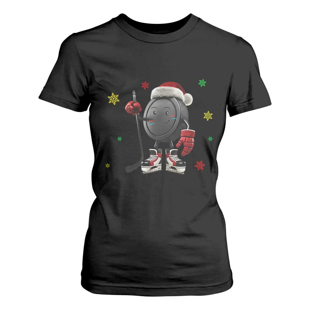 Funny Ice Hockey Holiday Gift T Shirt For Women Cute Puck Wearing Santa Hat TS12 Black Print Your Wear