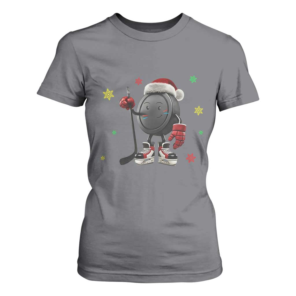 Funny Ice Hockey Holiday Gift T Shirt For Women Cute Puck Wearing Santa Hat TS12 Charcoal Print Your Wear