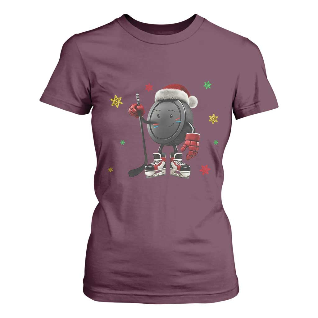 Funny Ice Hockey Holiday Gift T Shirt For Women Cute Puck Wearing Santa Hat TS12 Maroon Print Your Wear