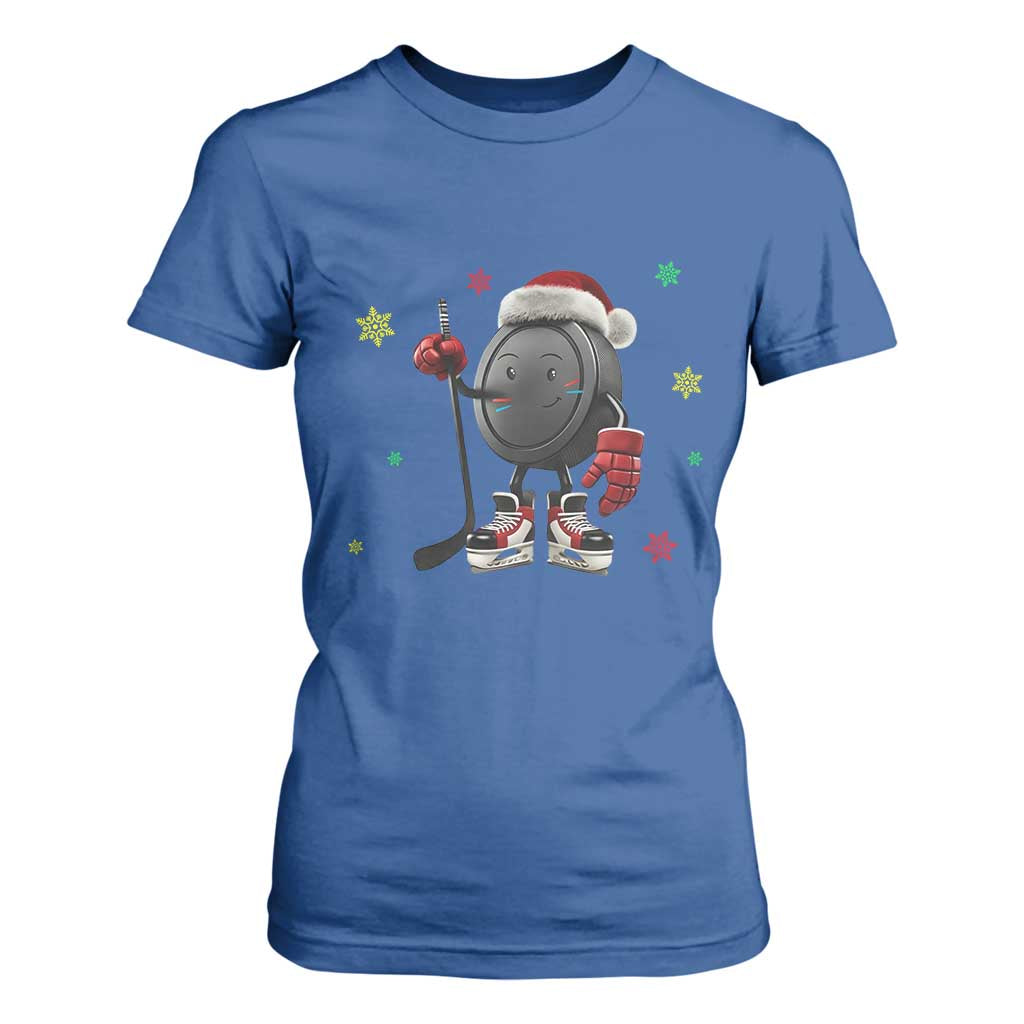 Funny Ice Hockey Holiday Gift T Shirt For Women Cute Puck Wearing Santa Hat TS12 Royal Blue Print Your Wear