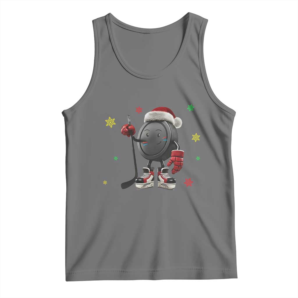 Funny Ice Hockey Holiday Gift Tank Top Cute Puck Wearing Santa Hat TS12 Black Heather Print Your Wear