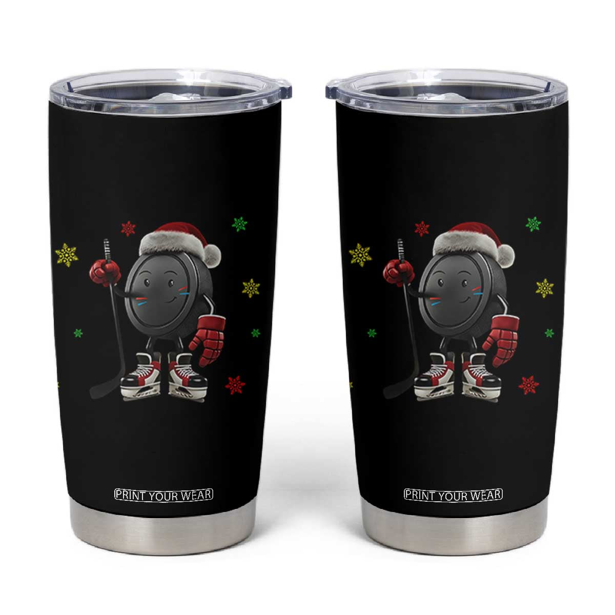 Funny Ice Hockey Holiday Gift Tumbler Cup Cute Puck Wearing Santa Hat TS12 Black Print Your Wear