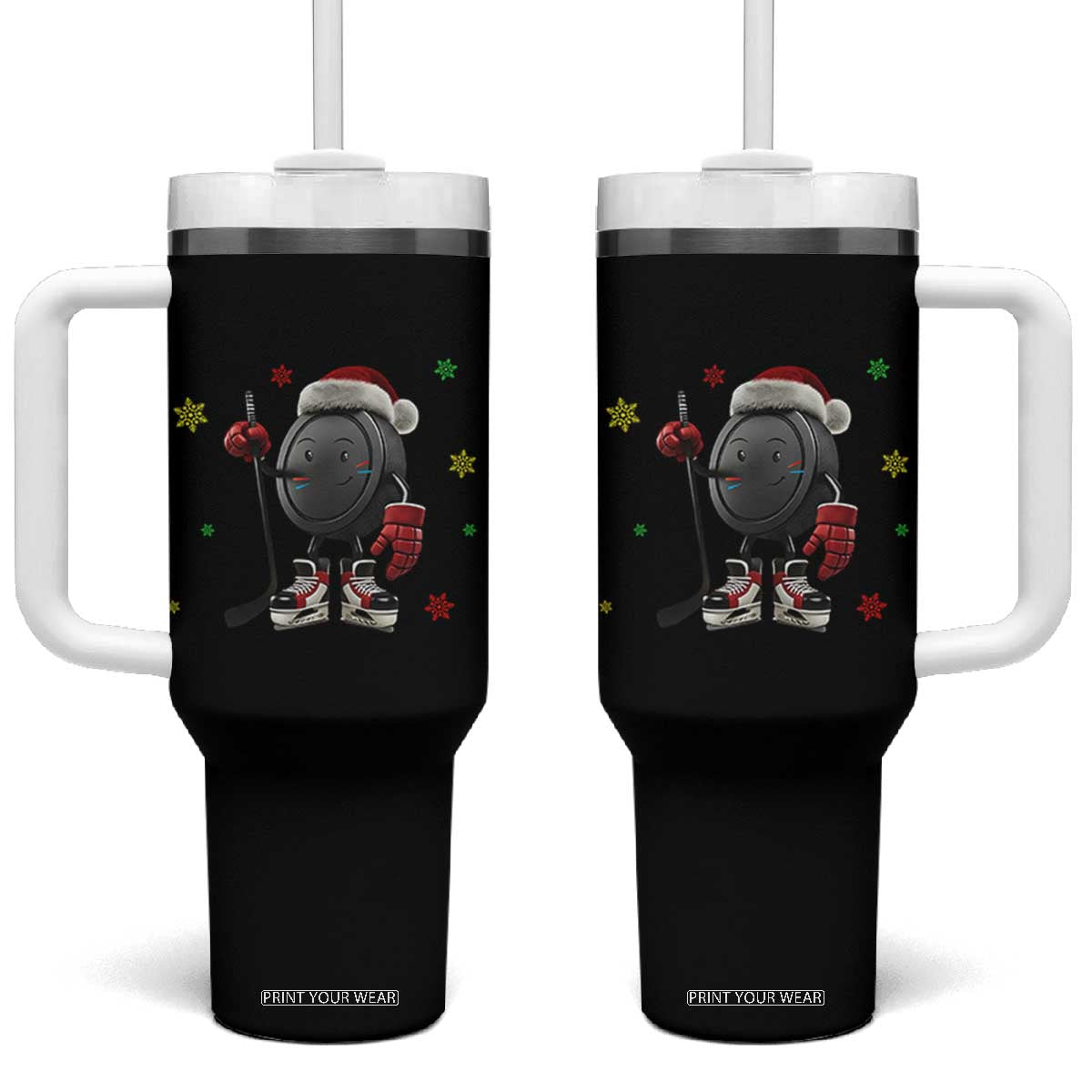 Funny Ice Hockey Holiday Gift Tumbler With Handle Cute Puck Wearing Santa Hat TS12 One Size: 40 oz Black Print Your Wear