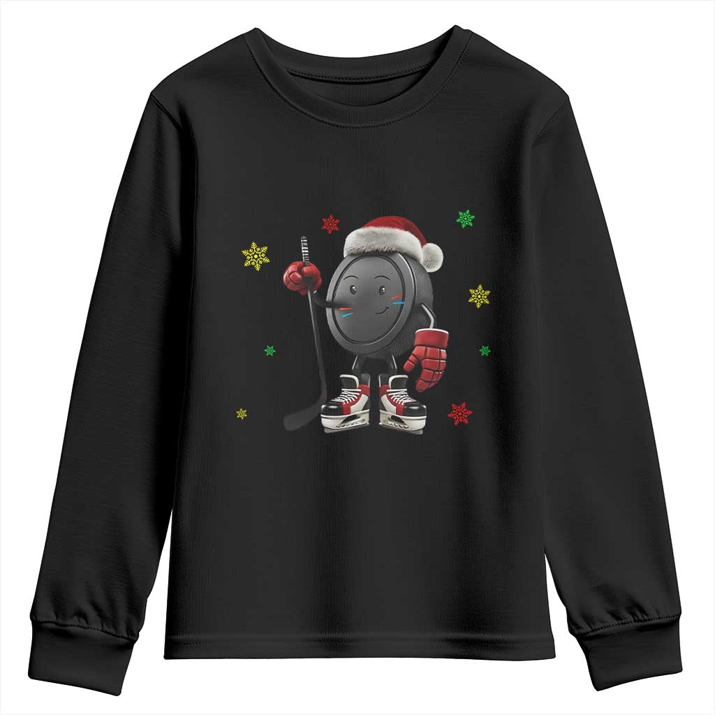Funny Ice Hockey Holiday Gift Youth Sweatshirt Cute Puck Wearing Santa Hat TS12 Black Print Your Wear