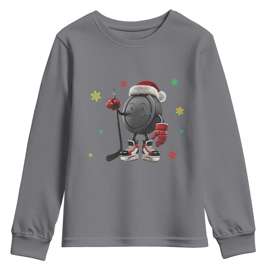 Funny Ice Hockey Holiday Gift Youth Sweatshirt Cute Puck Wearing Santa Hat TS12 Charcoal Print Your Wear